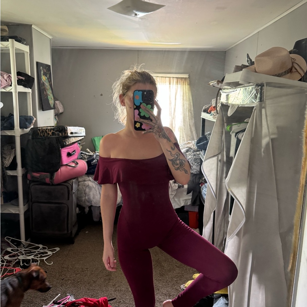 Off-Shoulder Burgundy Jumpsuit